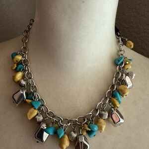 Silver Chain Necklace with Yellow and Turquoise Accents
